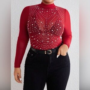 Shein Curve 0XL Red Rhinestone Sheer long sleeve